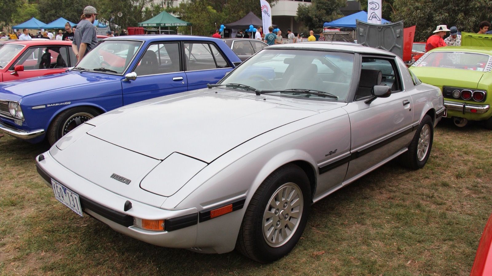 Silver 1984 Mazda RX-7 (FB Series 3) coupe, front three-quarter view