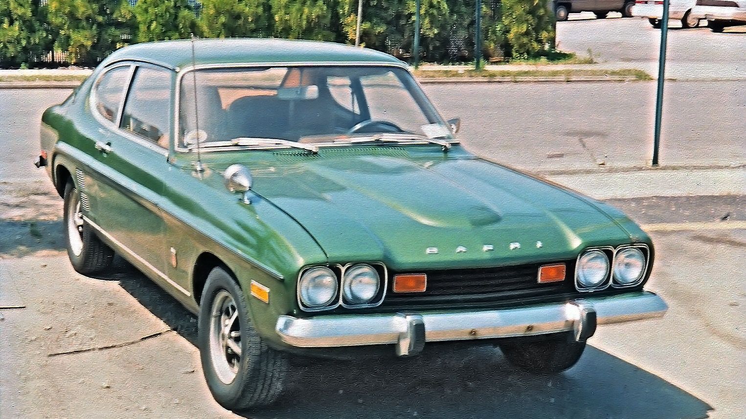 Green 1973 Mercury Capri 2600 coupe, front three-quarter view