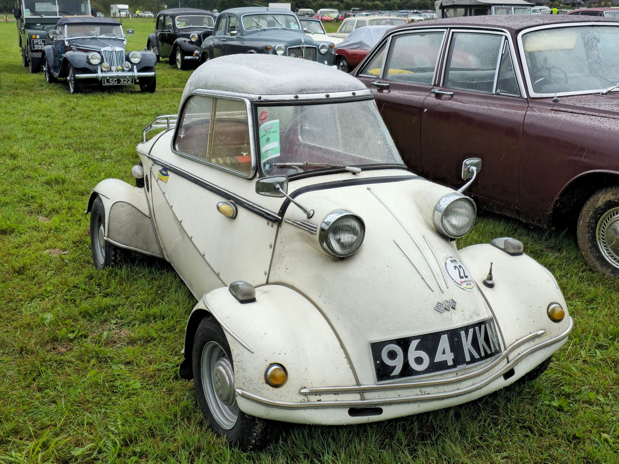 White 1960 FMR Messerschmitt KR200 bubble car, front three-quarter view