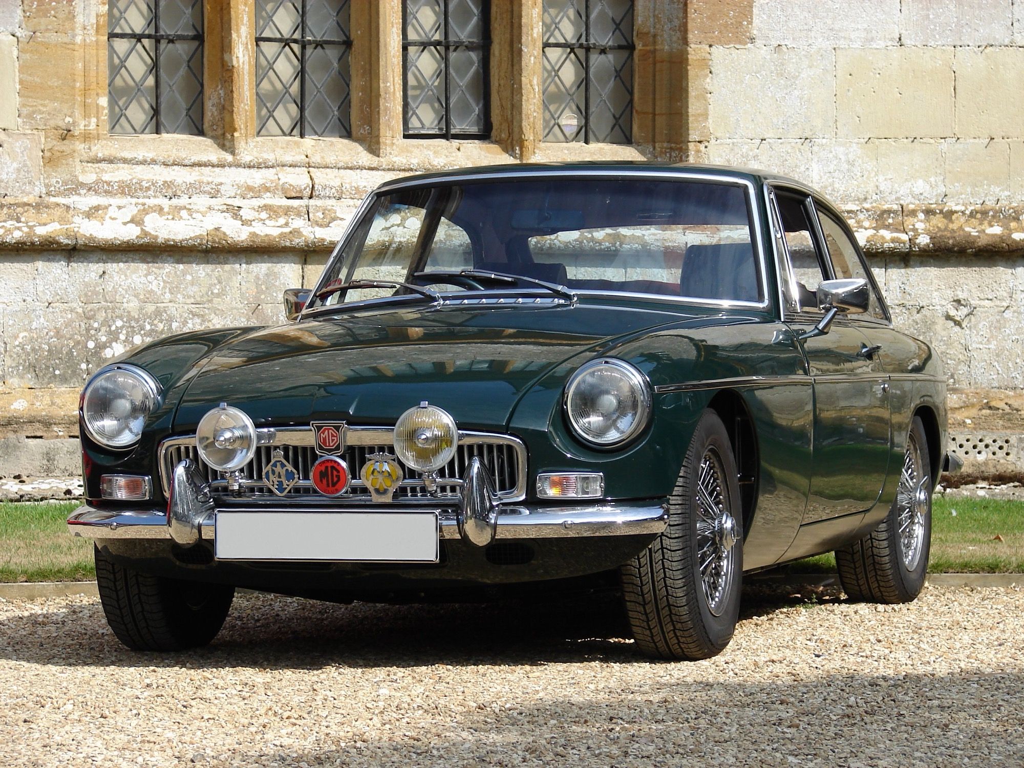 Green 1968 MGB GT Mk II coupe, front three-quarter view