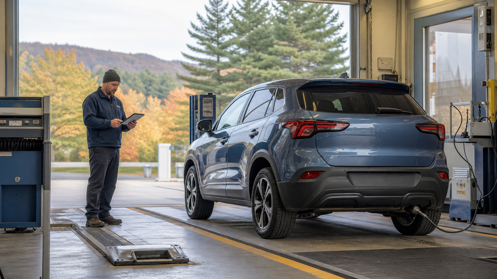 Technician using a diagnostic tablet beside an unbranded crossover during an emissions and safety inspection in a New England garage