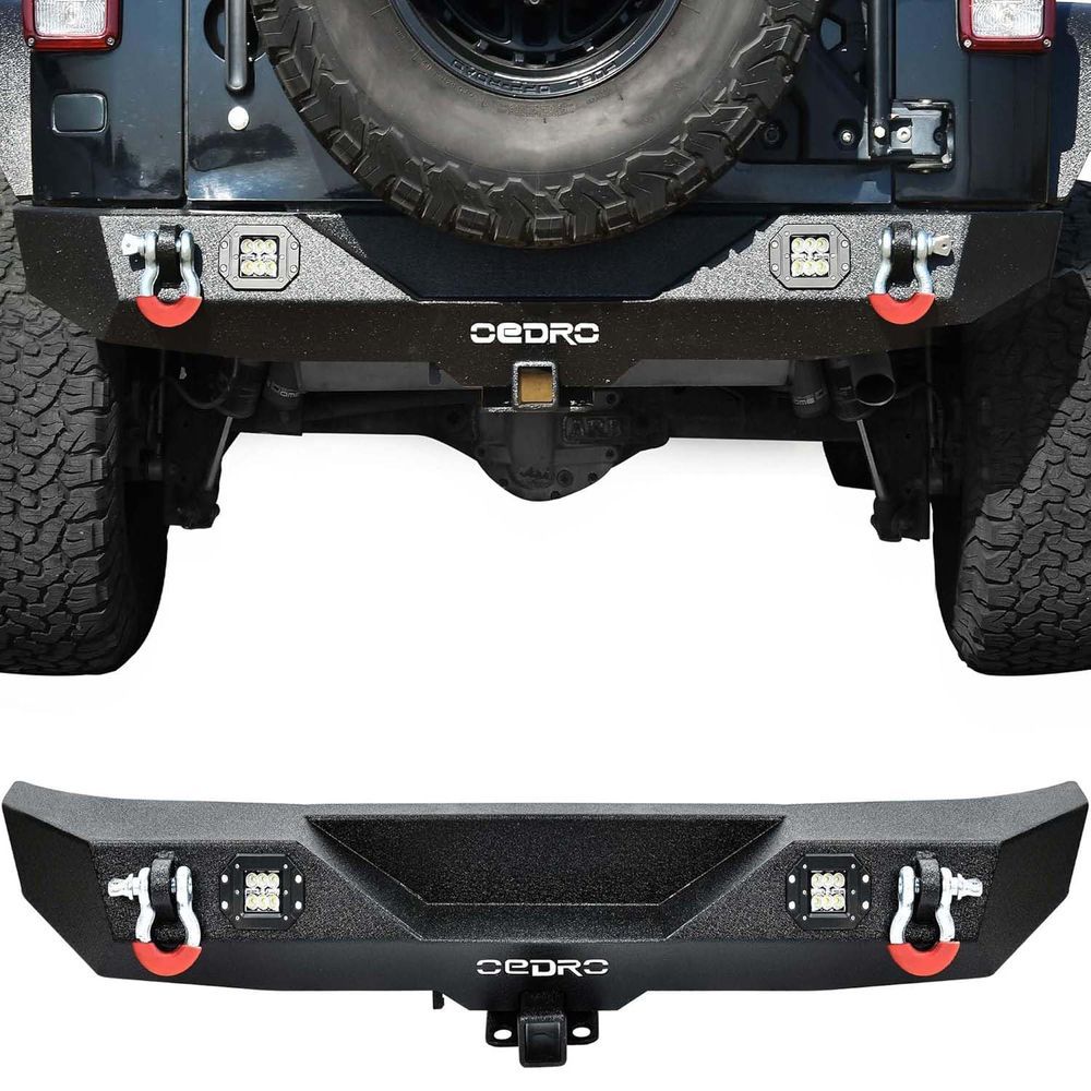 Black steel Jeep Wrangler JK rear bumper with receiver, D-rings, and LED lights