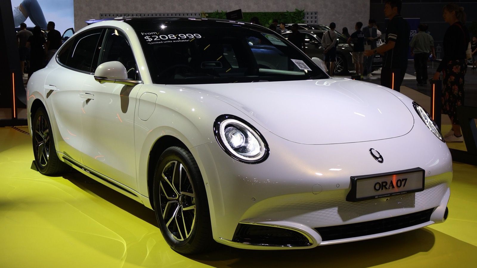 White Ora 07 show car displayed in Singapore in January 2025, front three-quarter view