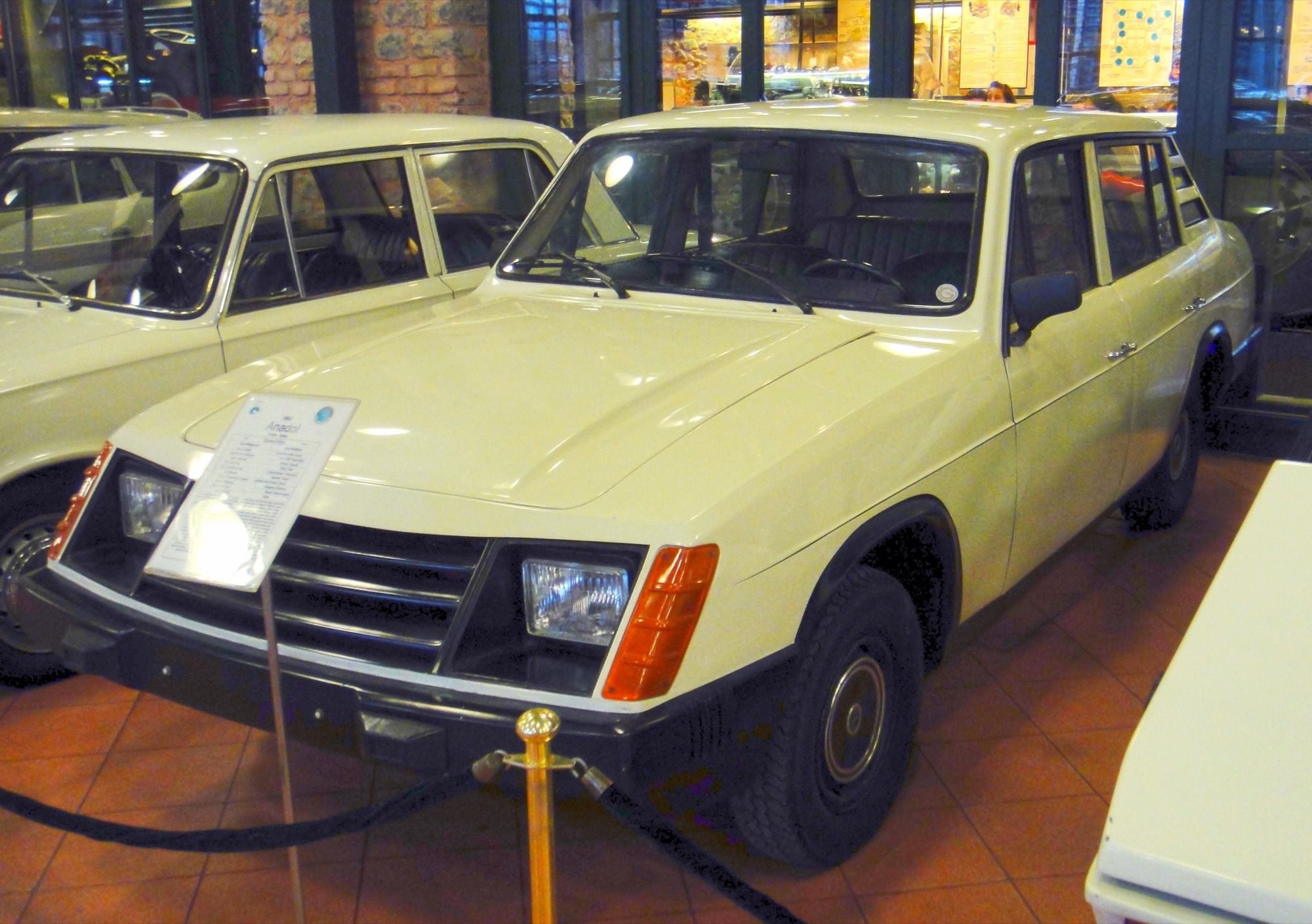 Cream 1984 Anadol A8-16 four-door sedan on display, front three-quarter view