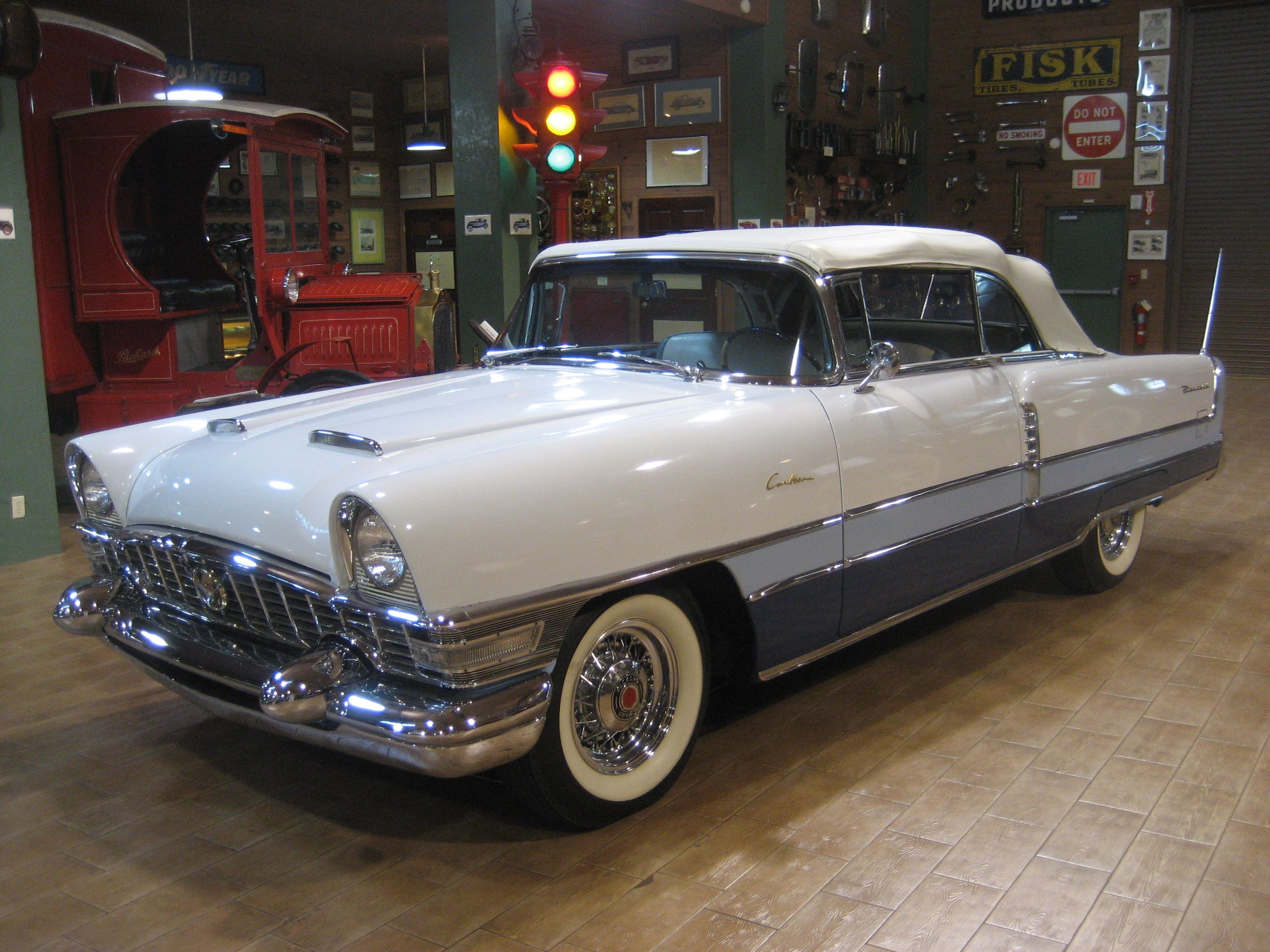 Two-tone white and grey 1955 Packard Caribbean convertible, front three-quarter view