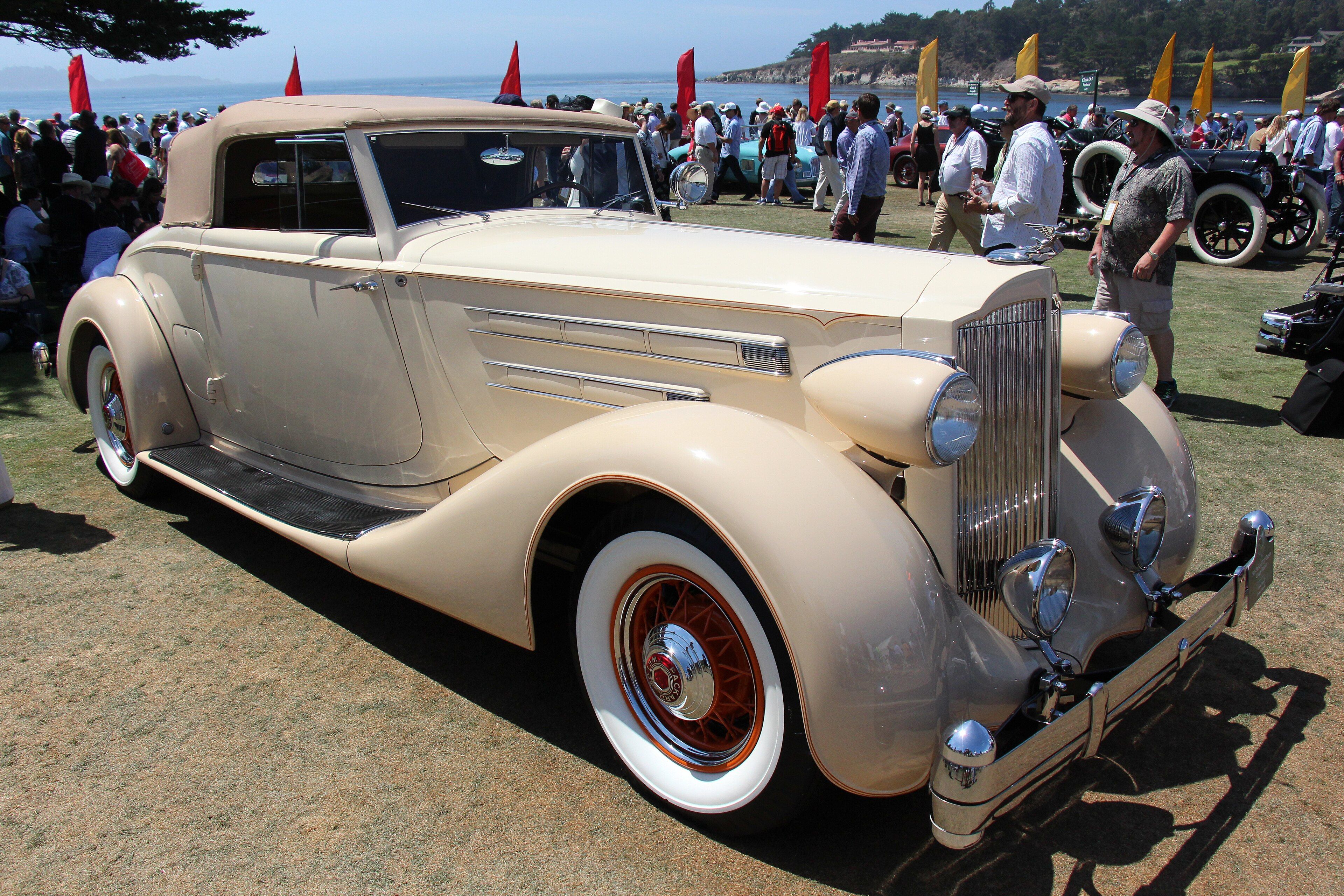 Cream 1935 Packard 1207 Twelve Coupe Roadster, front three-quarter view