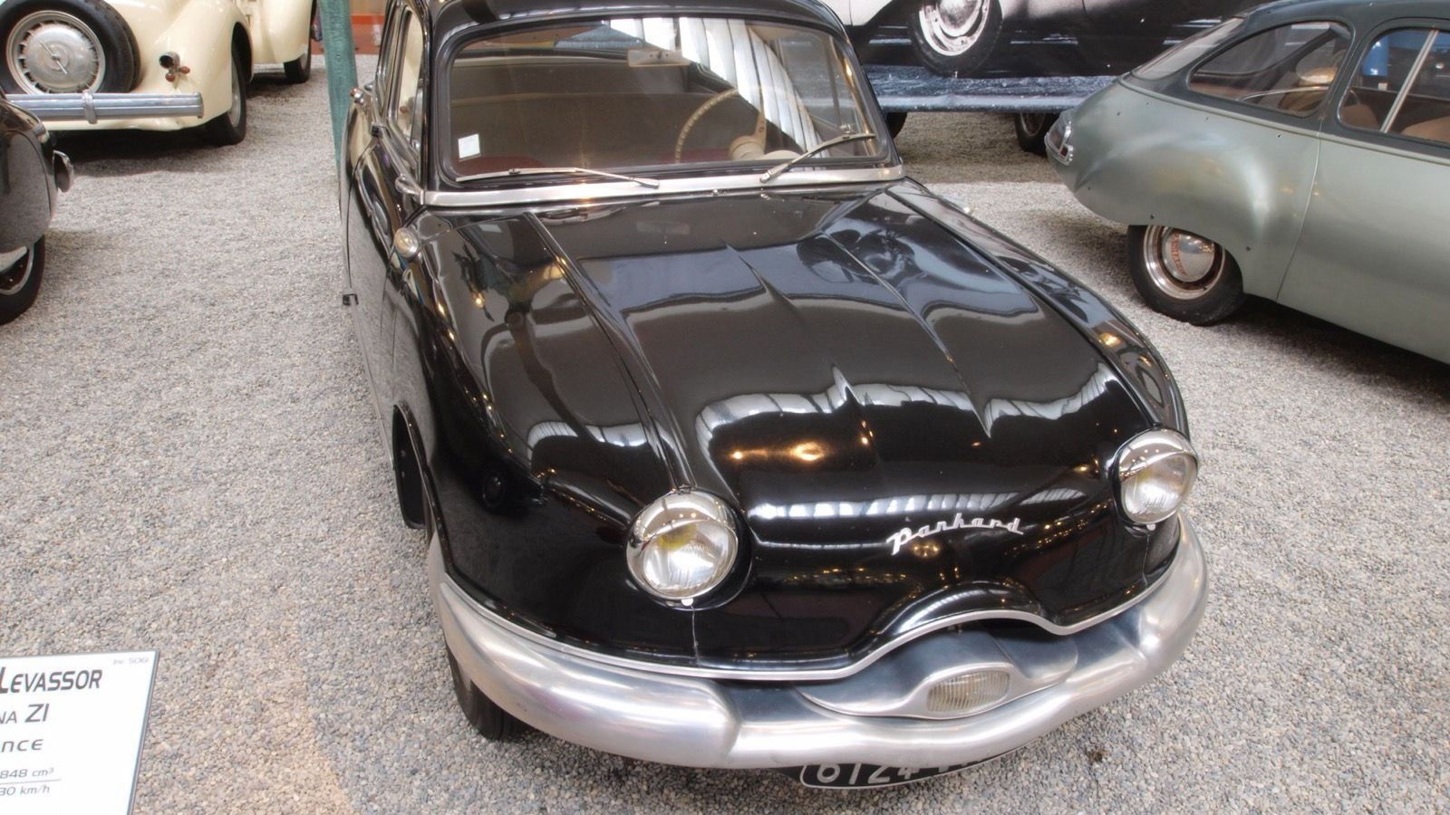 Black 1956 Panhard-Levassor Dyna ZI saloon in a museum, front three-quarter view