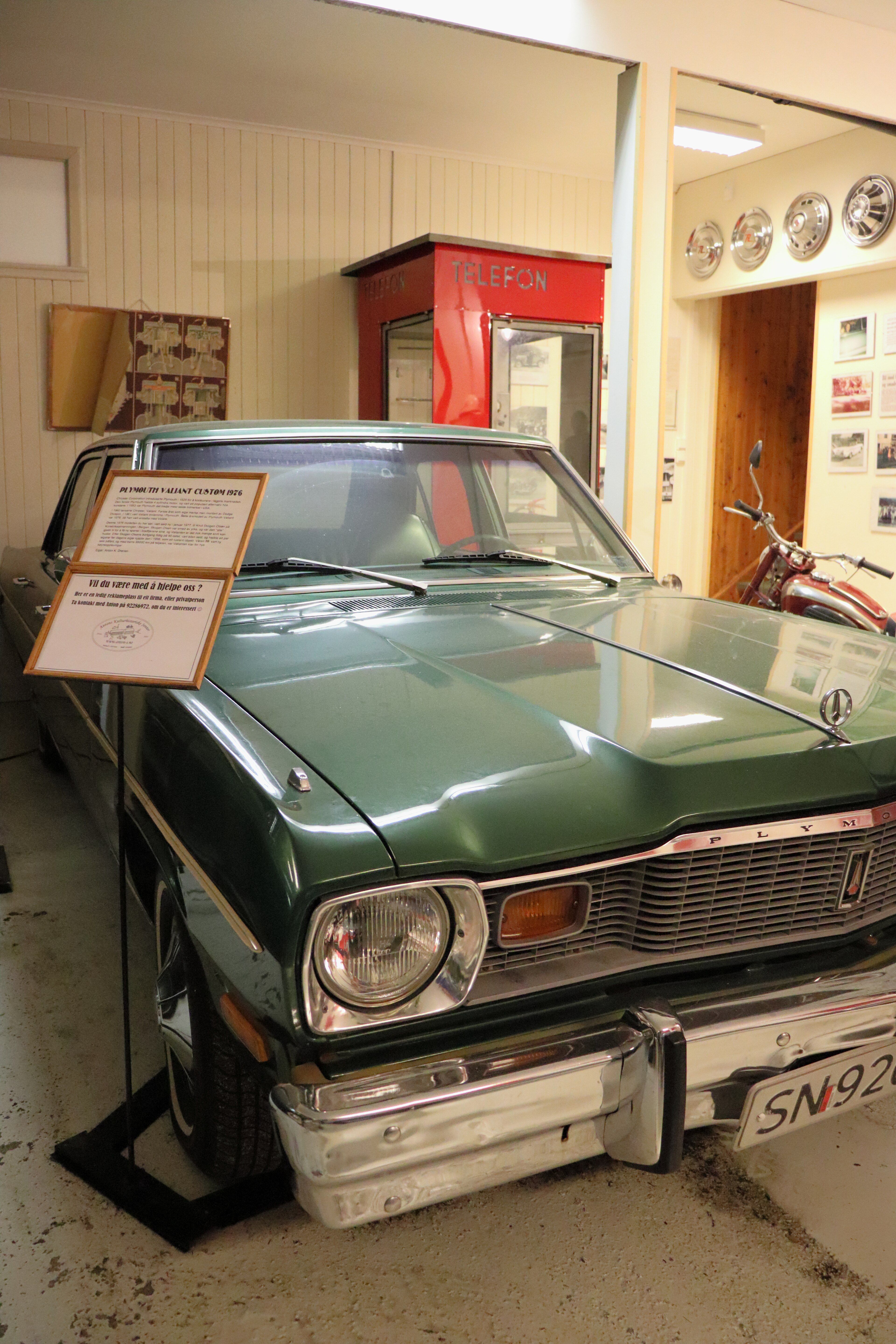 1976 Plymouth Valiant Custom on museum display, front three-quarter view