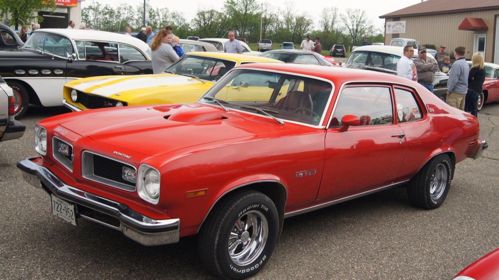 1974 Pontiac Ventura Custom with the GTO option in red, front three-quarter view