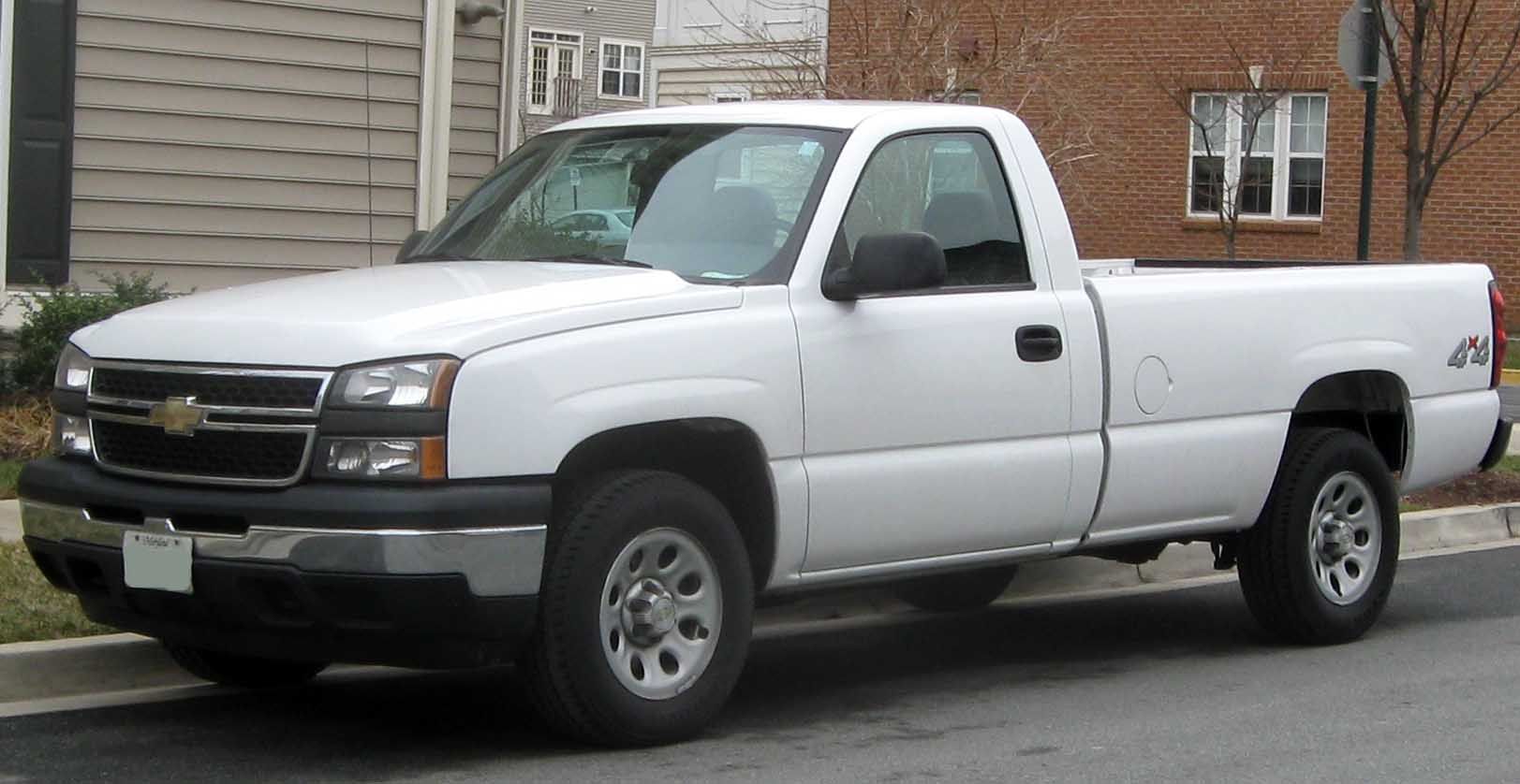 White Silverado Regular Cab with 2006-style front, representative photograph; configuration identity not established