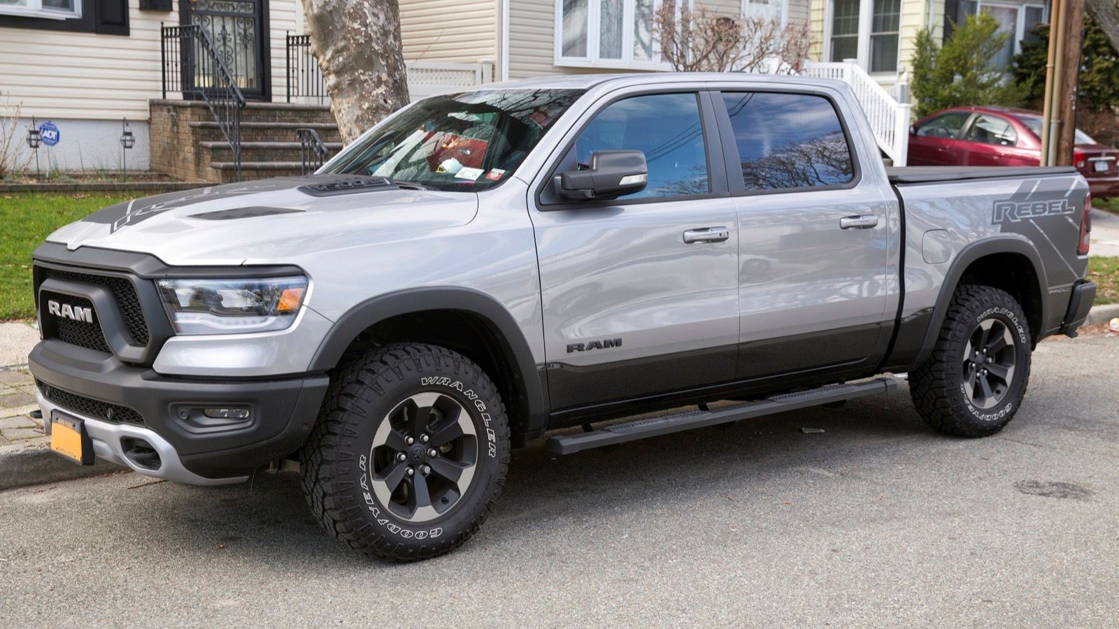 Silver 2020 Ram 1500 Rebel crew cab 4x4, front three-quarter view