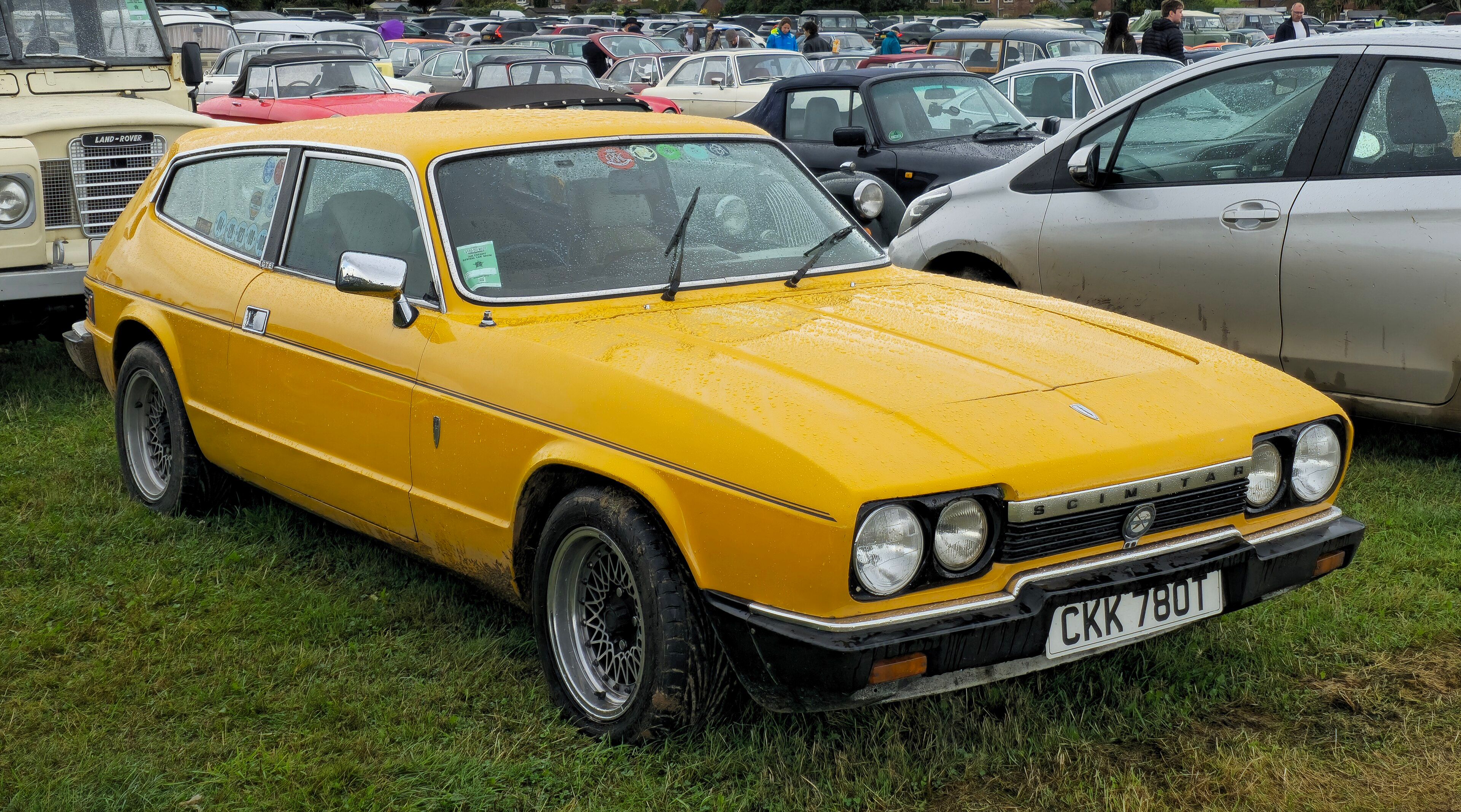 Yellow 1979 Reliant Scimitar GTE Overdrive sporting estate, front three-quarter view