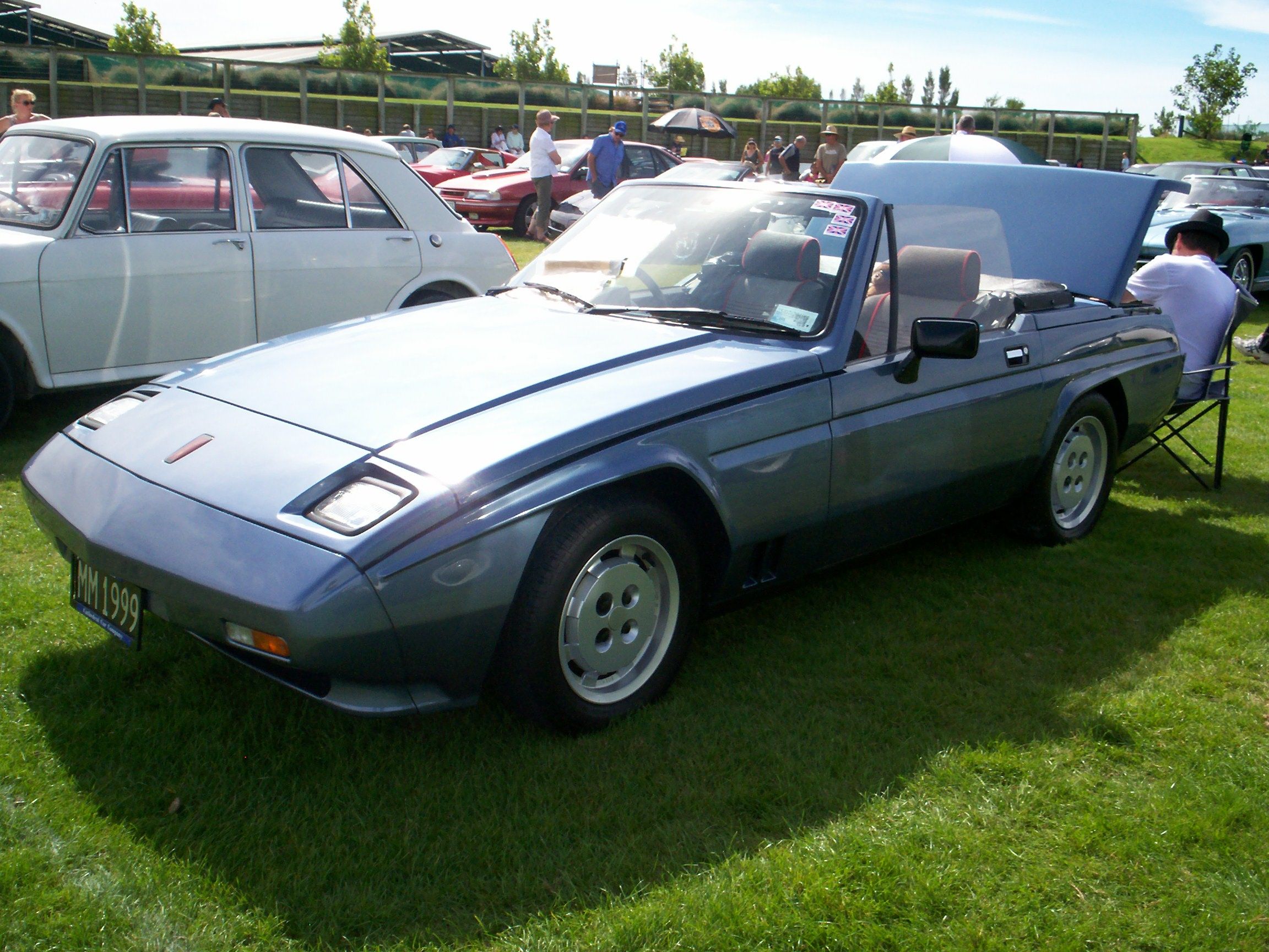 Silver-blue 1986 Reliant Scimitar SS1 open roadster on grass, front three-quarter view