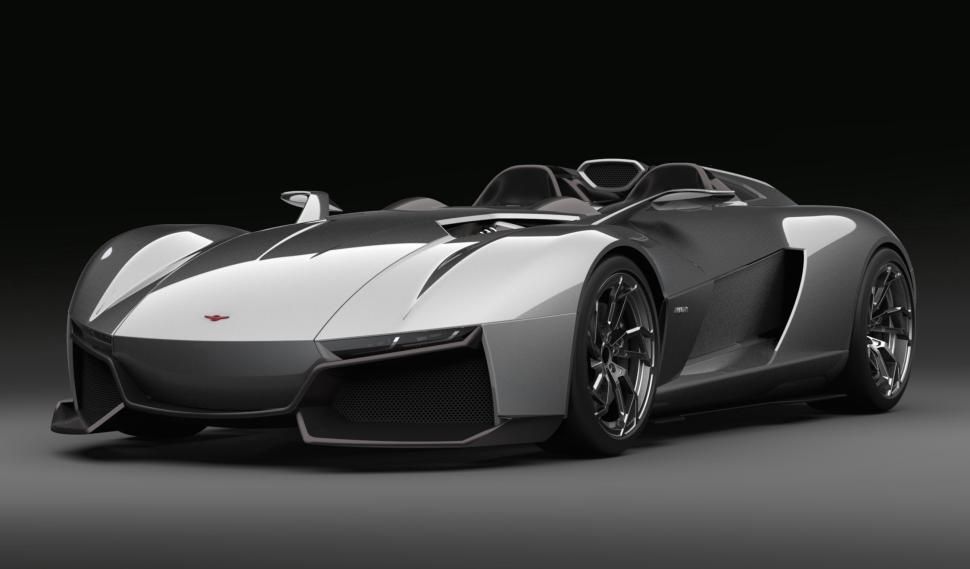 Silver and carbon-fiber Rezvani Beast open-wheel roadster, front three-quarter view