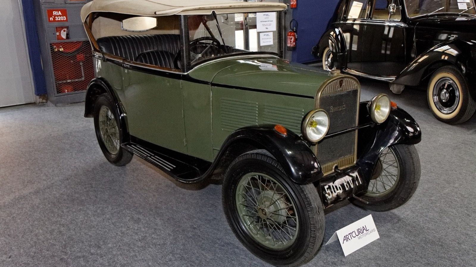 Green 1933 Rosengart LR4 Torpedo open tourer on display, front three-quarter view