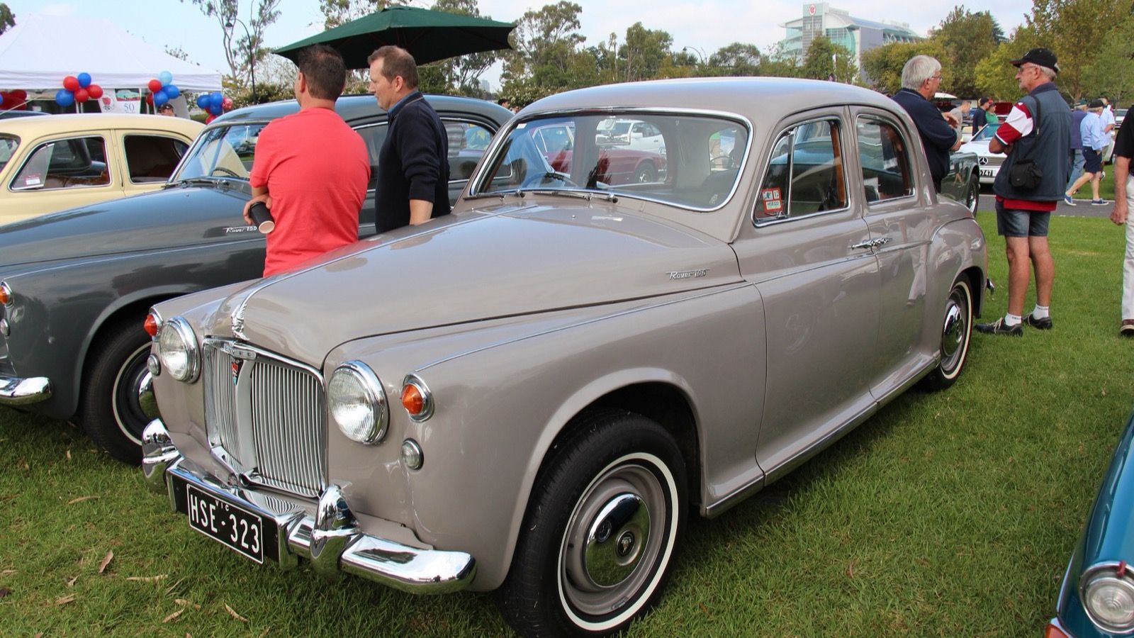 Grey 1961 Rover P4 100 saloon, front three-quarter view