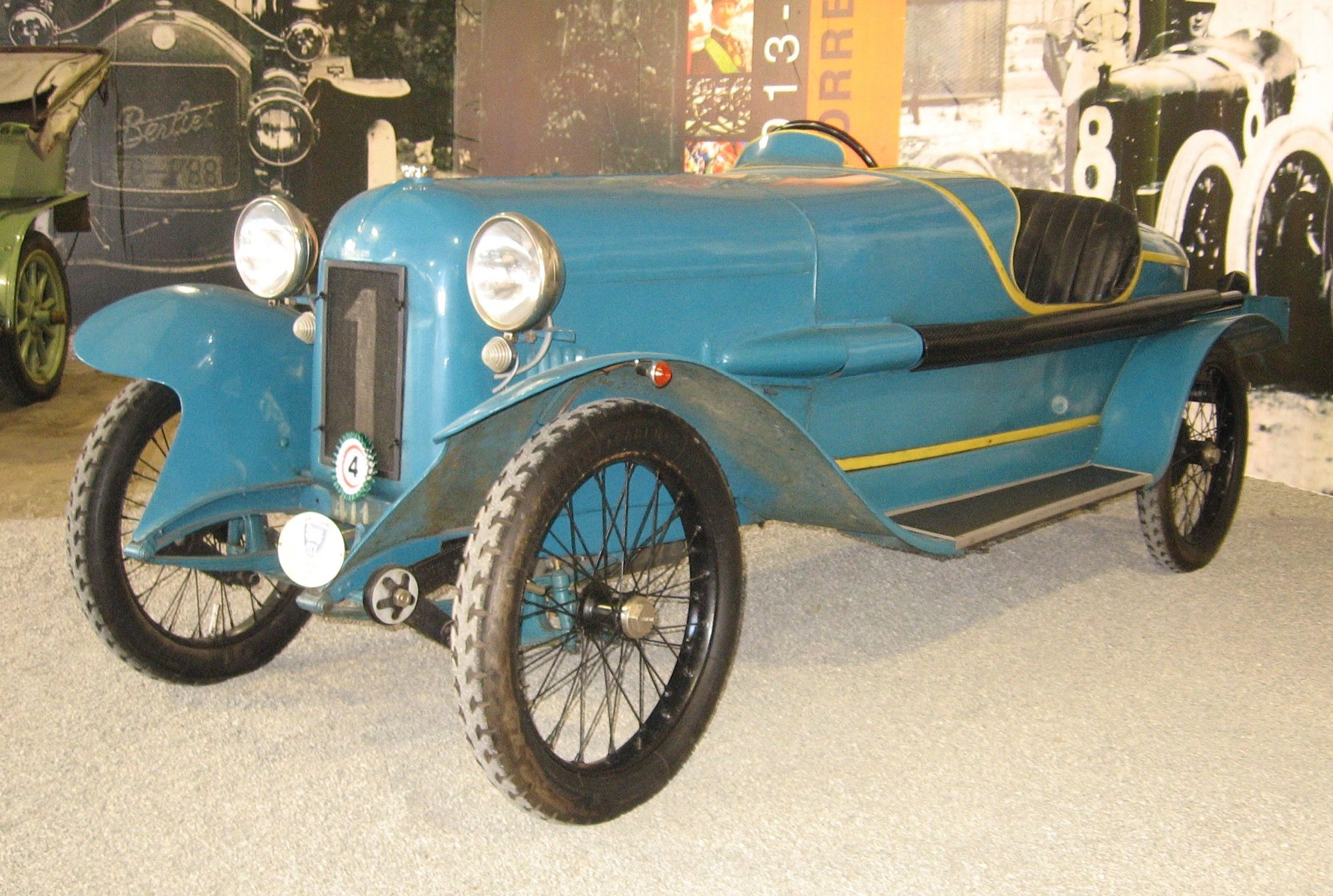 Blue Salmson AL-series cyclecar on museum display, front three-quarter view