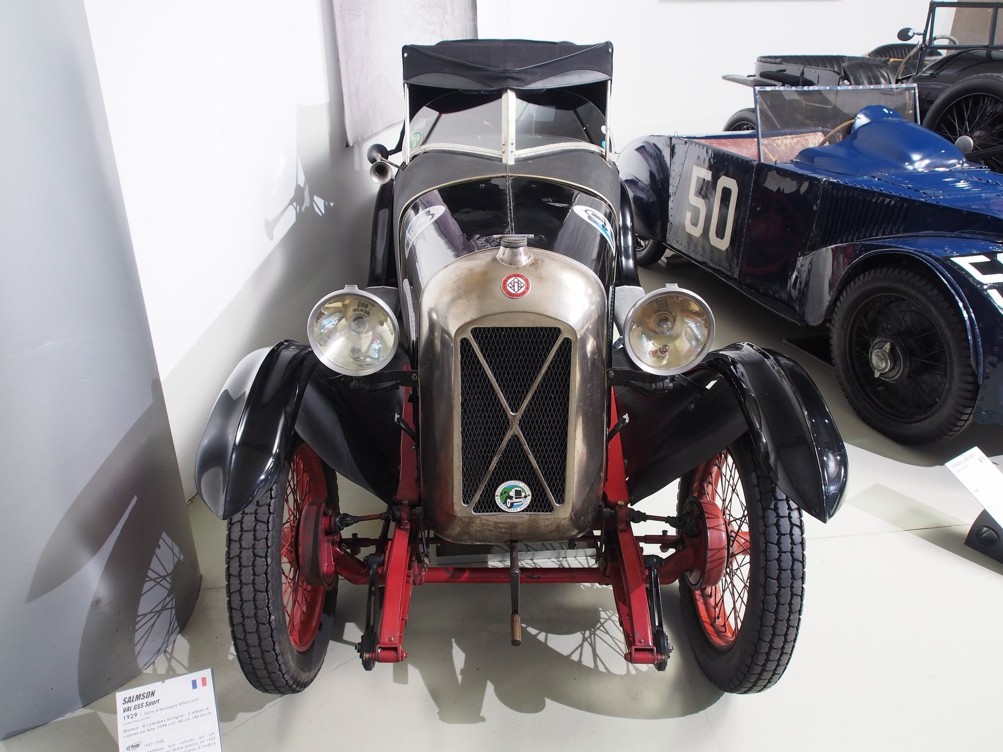 Black 1929 Salmson VAL GSS Sport twin-cam two-seater on museum display, front view