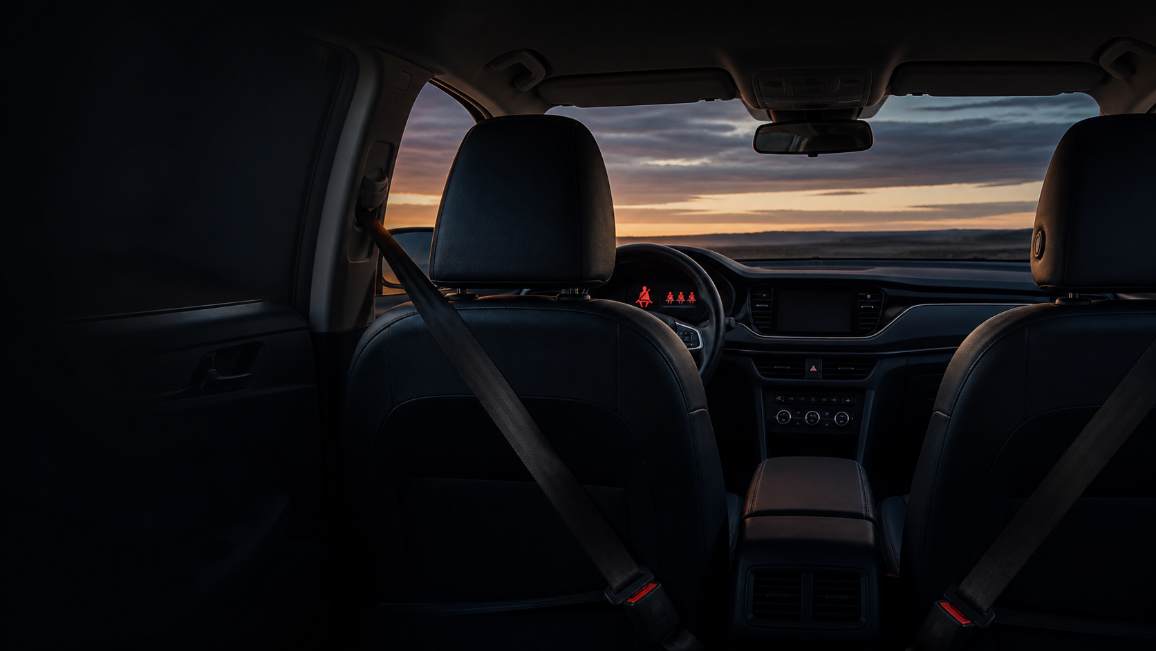 Front seats and dashboard of an unbranded modern car with illuminated seat-belt reminder symbols at dusk