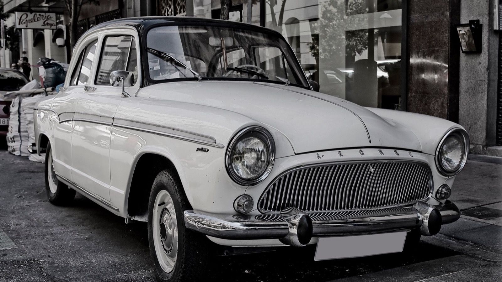 1959 Simca Aronde P60 saloon in white, front three-quarter view