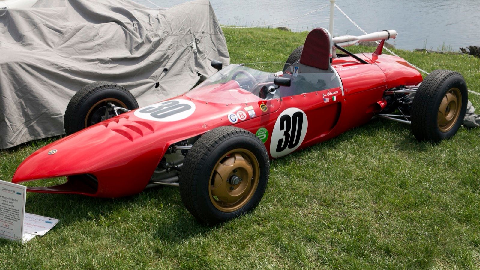 Red 1962 Stanguellini Delfino rear-engined Formula Junior number 30, front three-quarter view