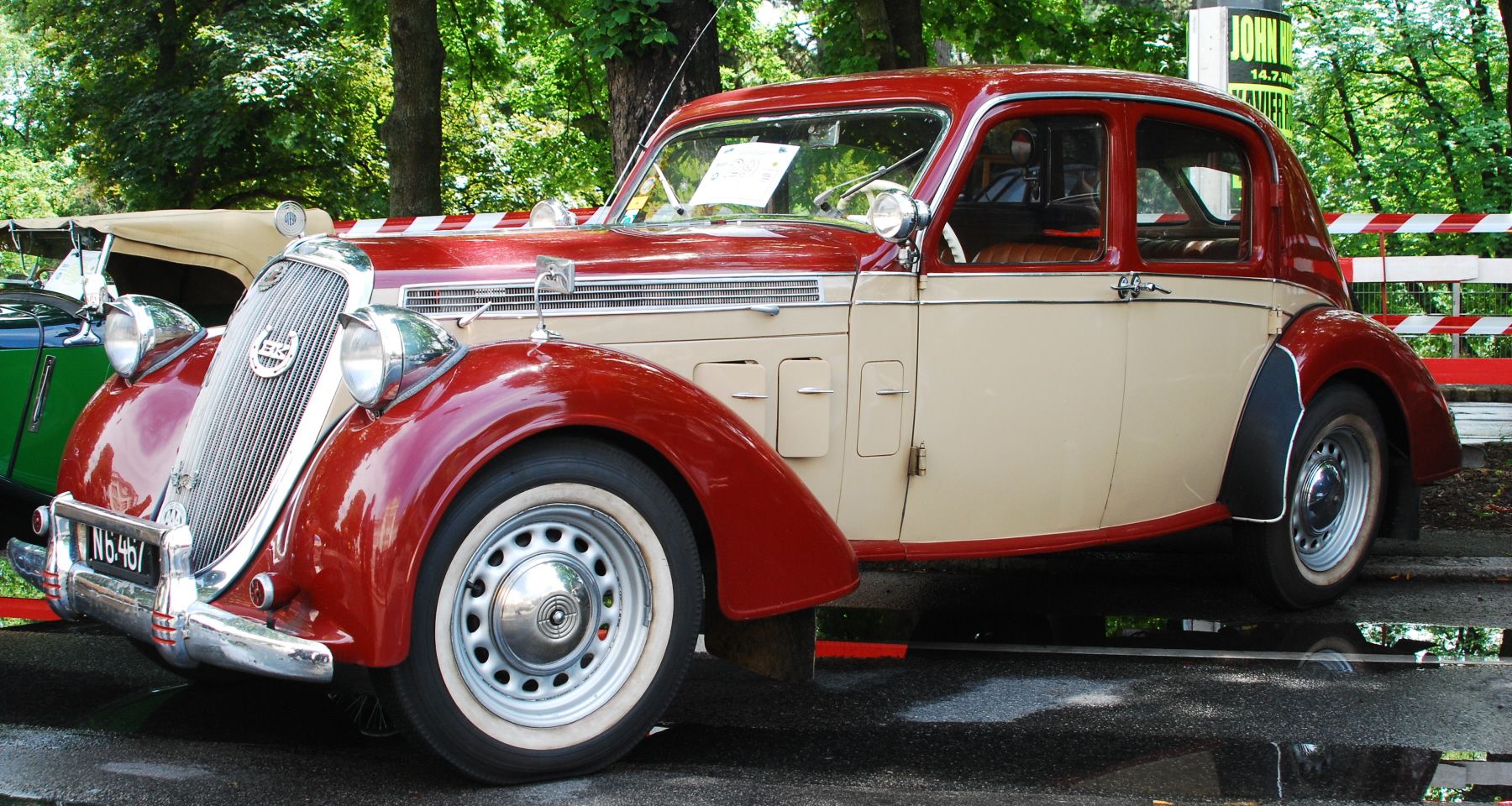 Red and cream 1937 Steyr 220 limousine (saloon), front three-quarter view