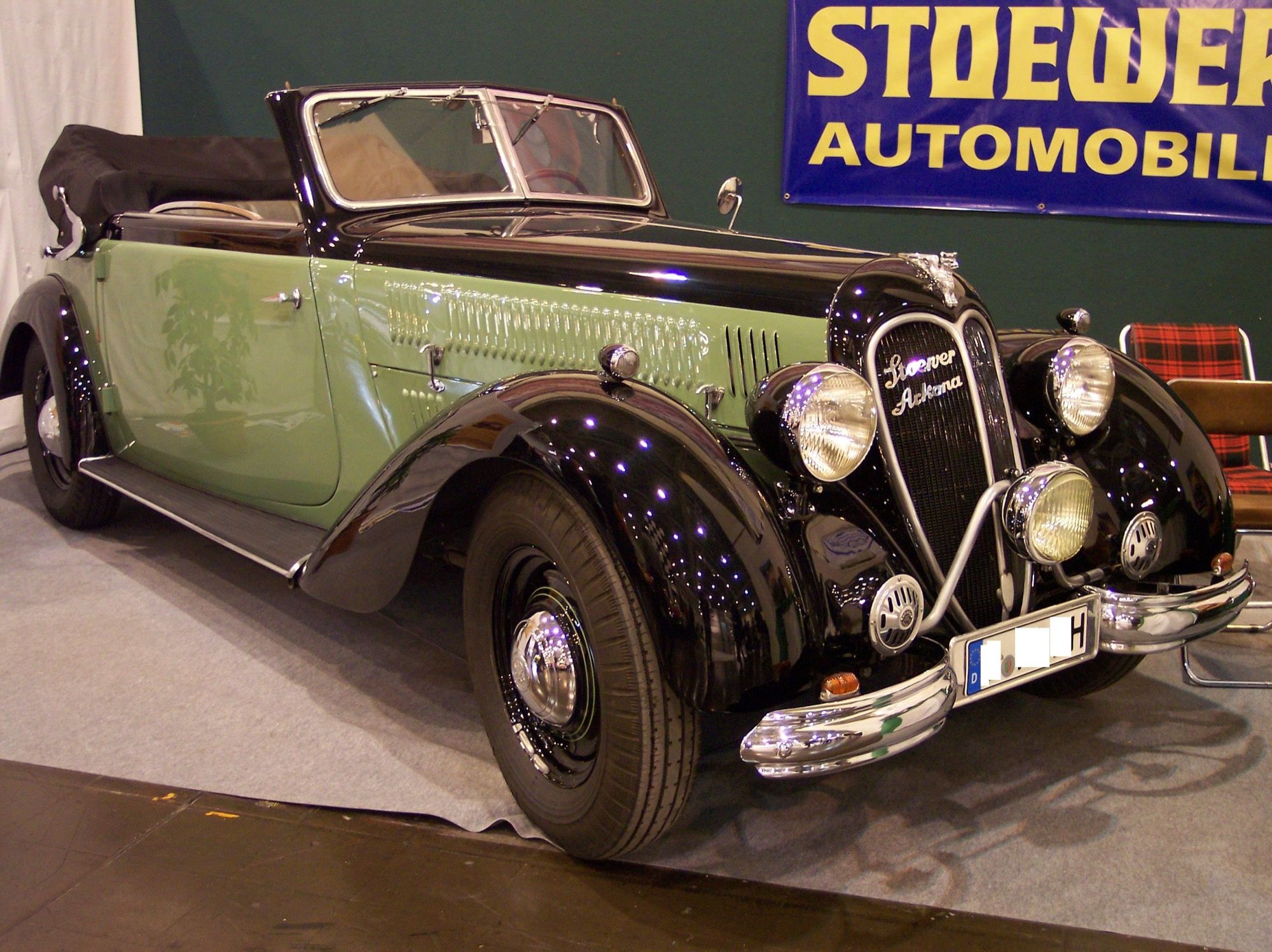 Green and black 1939 Stoewer Arkona cabriolet, front three-quarter view