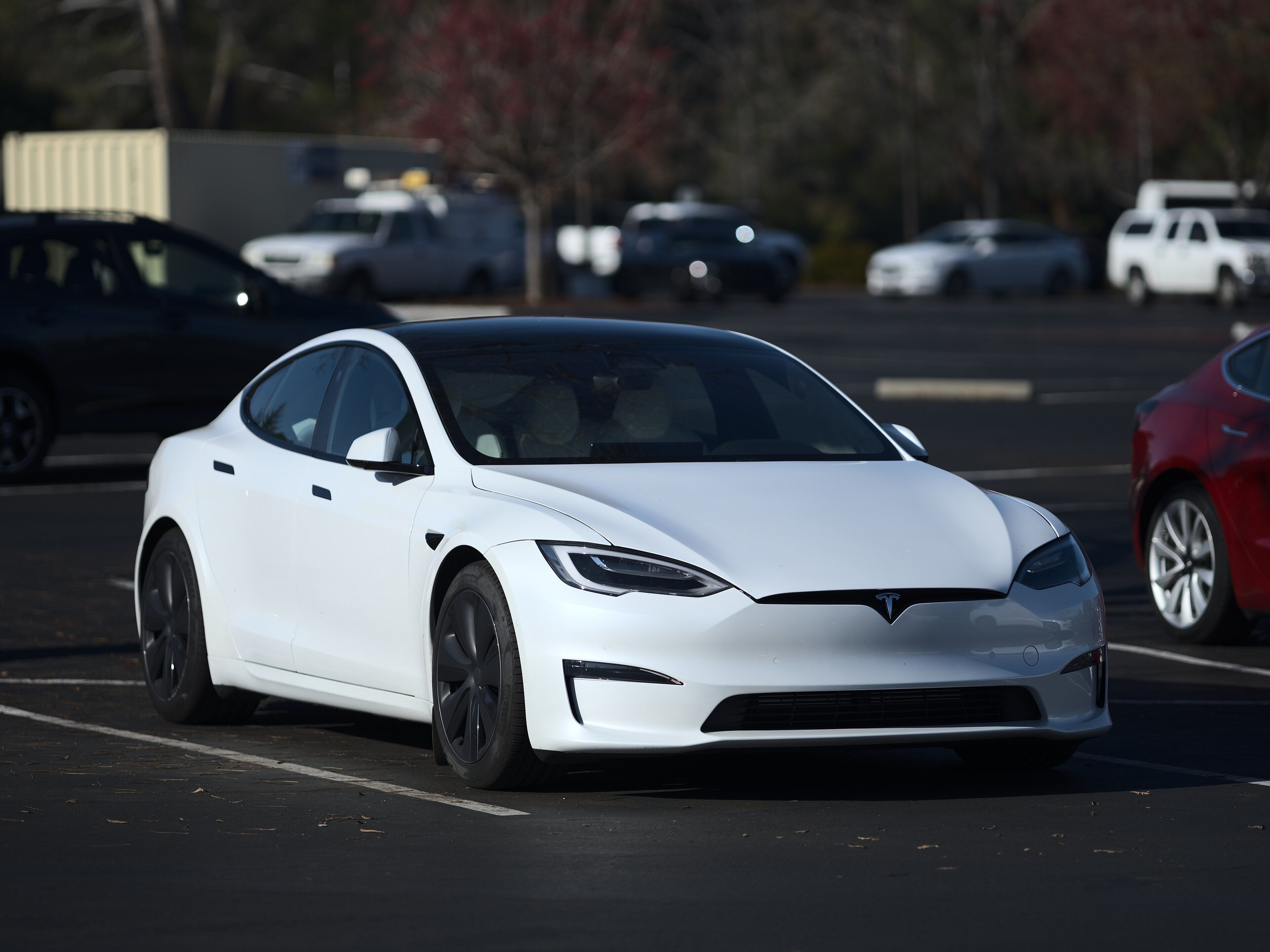 White 2021 Tesla Model S 'Palladium' refresh, front three-quarter view