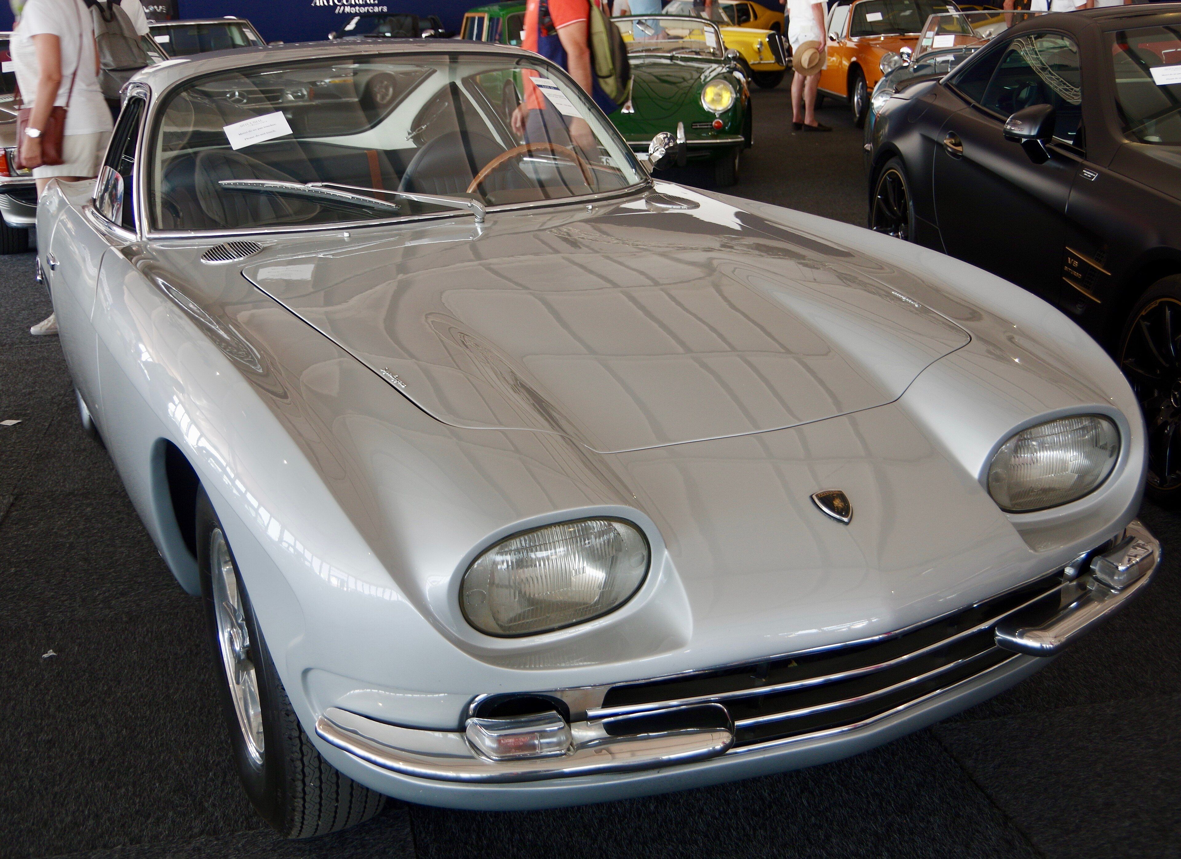 Silver 1966 Lamborghini 350 GT Touring coupe, front three-quarter view