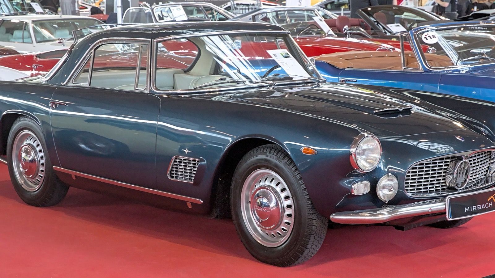 Blue 1964 Maserati 3500 GTI Touring coupe, front three-quarter view