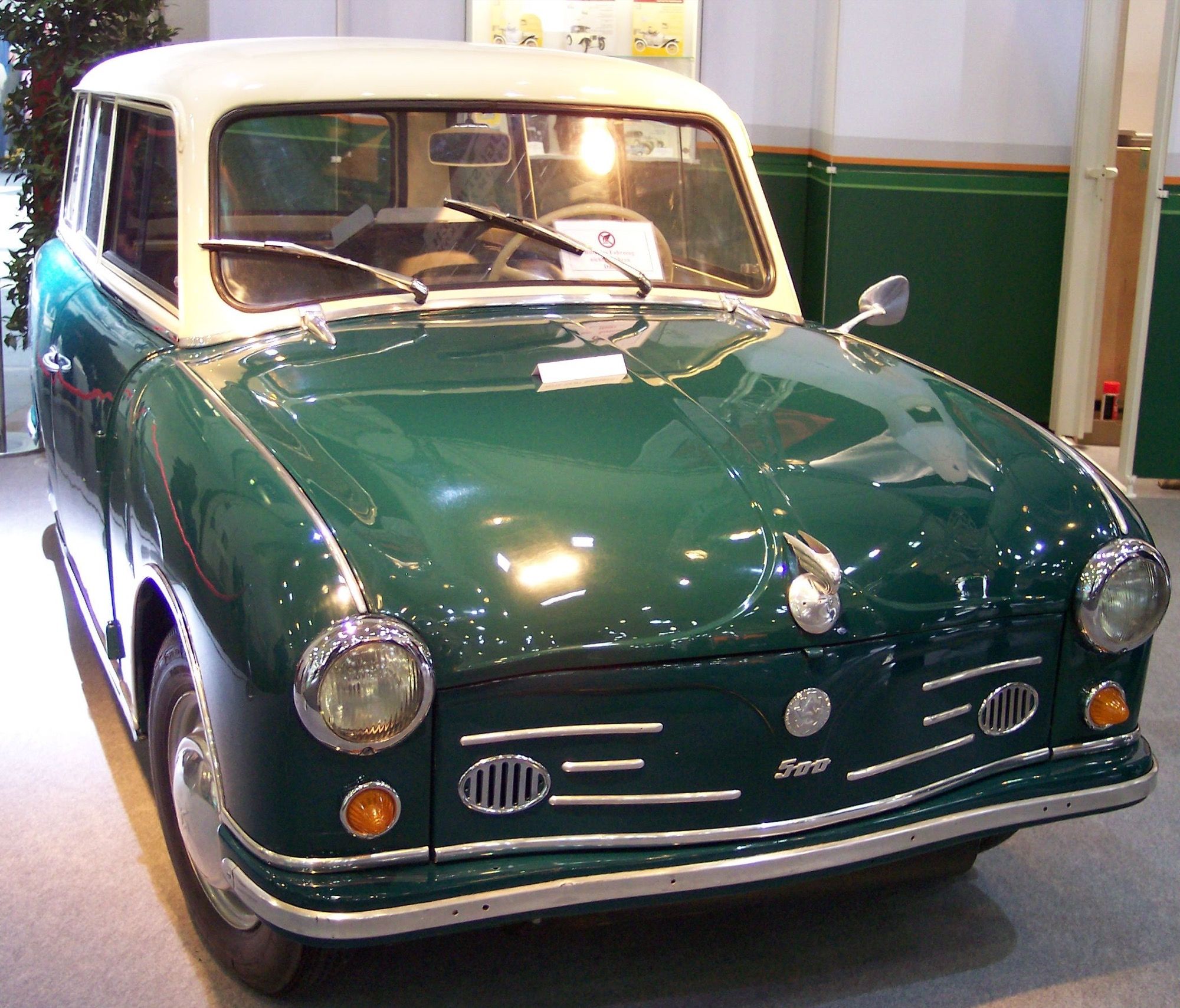 Green and cream two-tone Trabant P50 Universal estate, front three-quarter view
