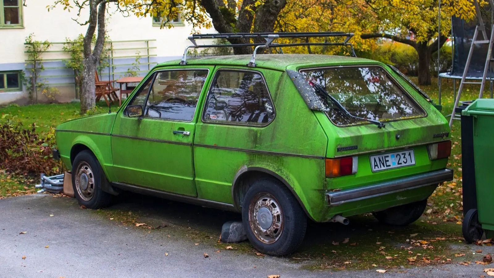 First-generation Volkswagen Golf (Mk1), green survivor — rear three-quarter view