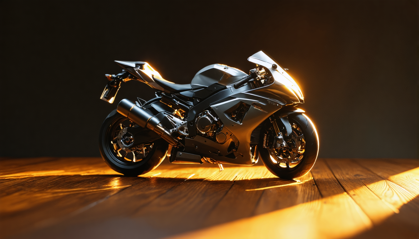 A single diecast superbike model under warm spotlight on a wooden display stand