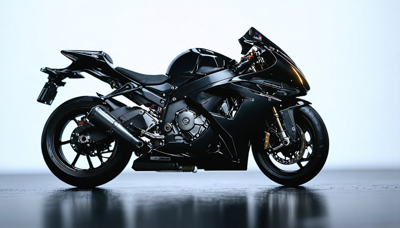 A diecast superbike model on a dark reflective surface with dramatic side lighting