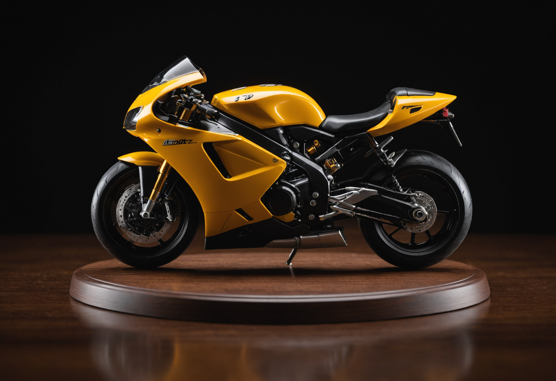 Wooden display stand with a lone superbike model under warm spotlight