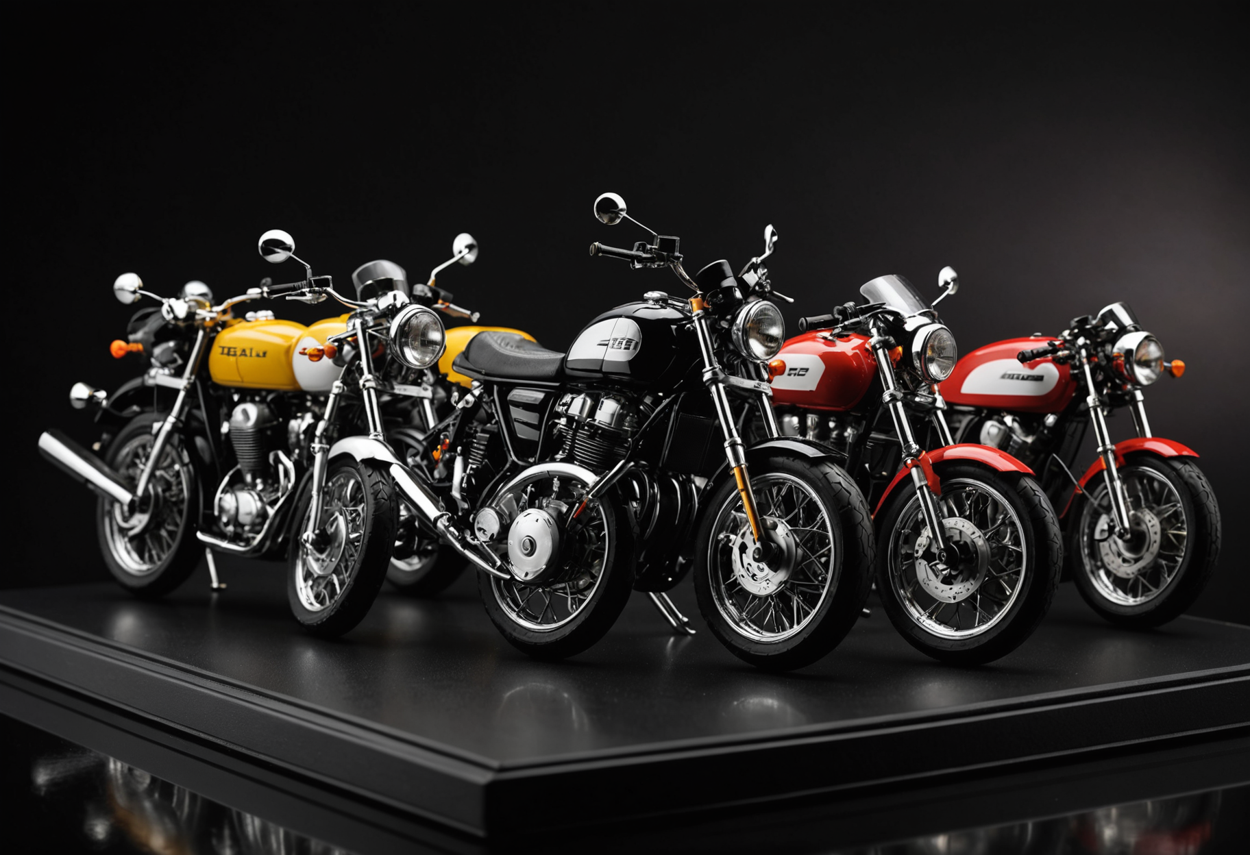 Scale motorcycle collectibles arranged on a display shelf with accurate race liveries
