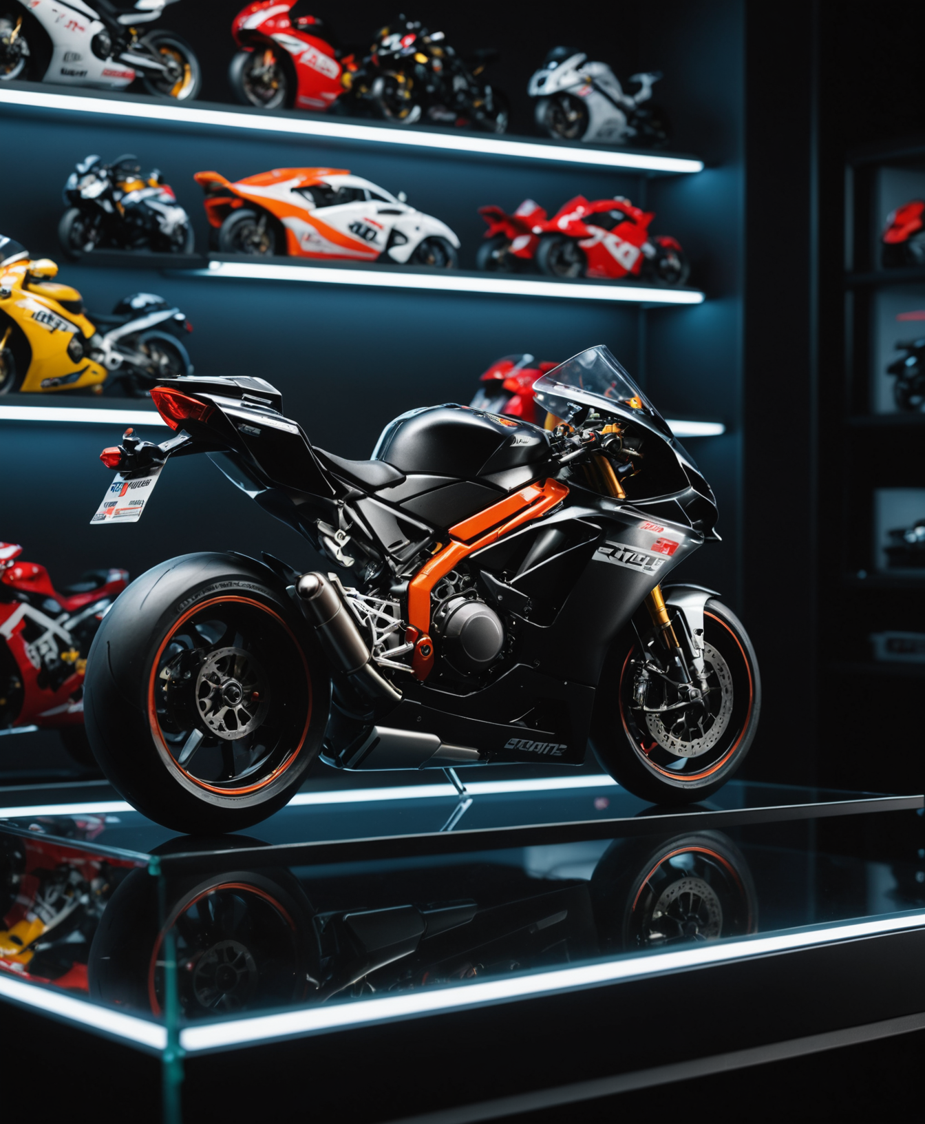 A collection of diecast superbike models on a lit display shelf